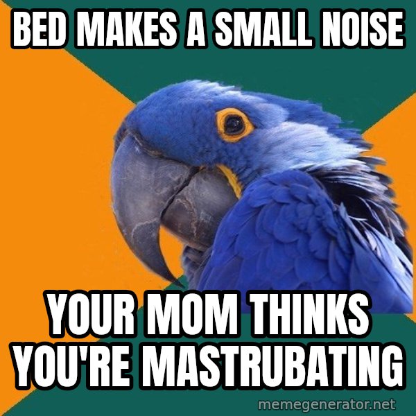 Paranoid Parrot meme: BED MAKES A SMALL NOISE / yOUR MOM THINKS YOU'RE MASTRUBATING