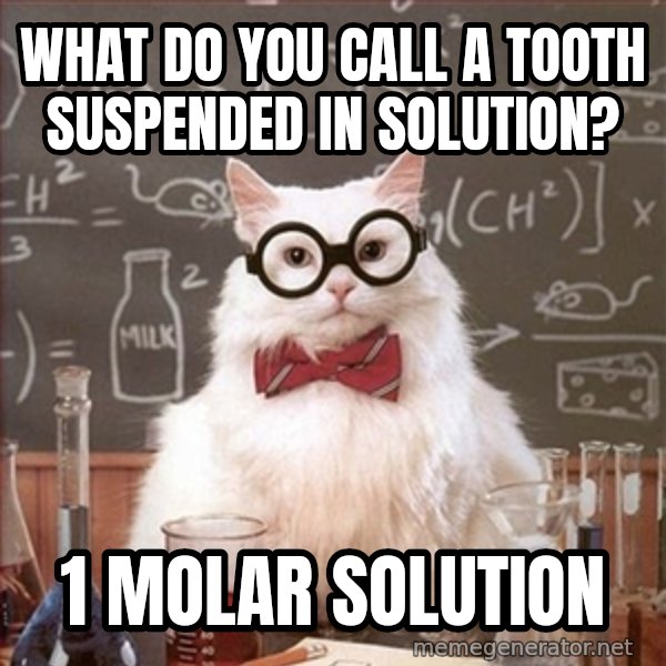 Science Cat meme: What do you call a tooth suspended in solution? / 1 molar solution