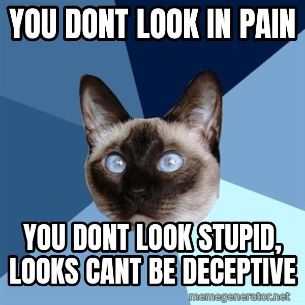 Chronic Illness Cat meme: You dont look in pain / you dont look stupid, looks cant be deceptive