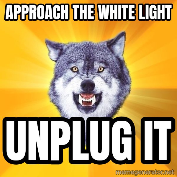 Courage Wolf meme: Approach the white light / unplug it