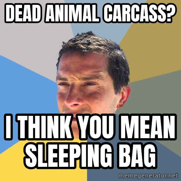 Bear Grylls meme: dead animal carcass? / i think you mean SLEEPING BAG