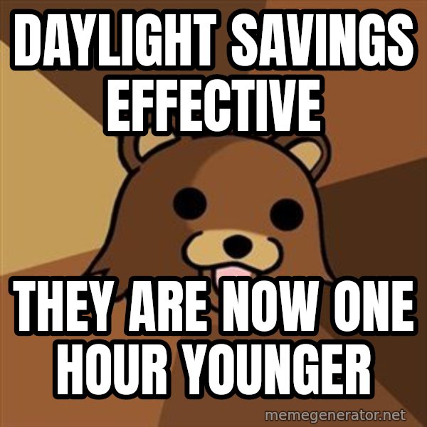 Pedobear meme: DAYLIGHT SAVINGS EFFECTIVE / THEY ARE NOW ONE HOUR YOUNGER