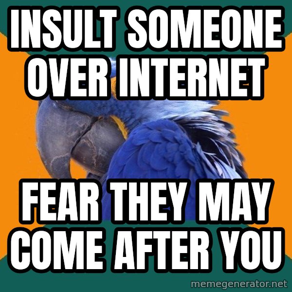 Paranoid Parrot meme: INSULT SOMEONE over internet / fear they may come after you