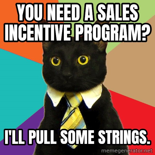 Business Cat meme: You need a sales incentive program? / I'll pull some strings.