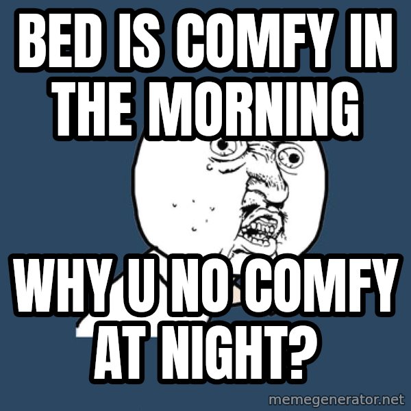 Y U No meme: bed is comfy in the morning / why u no comfy at night?