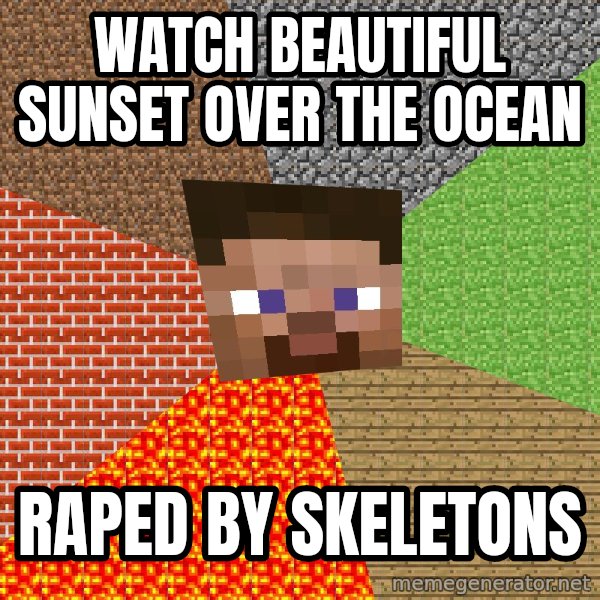 Minecraft Guy meme: WATCH BEAUTIFUL SUNSET OVER THE OCEAN / RAPED BY SKELETONS