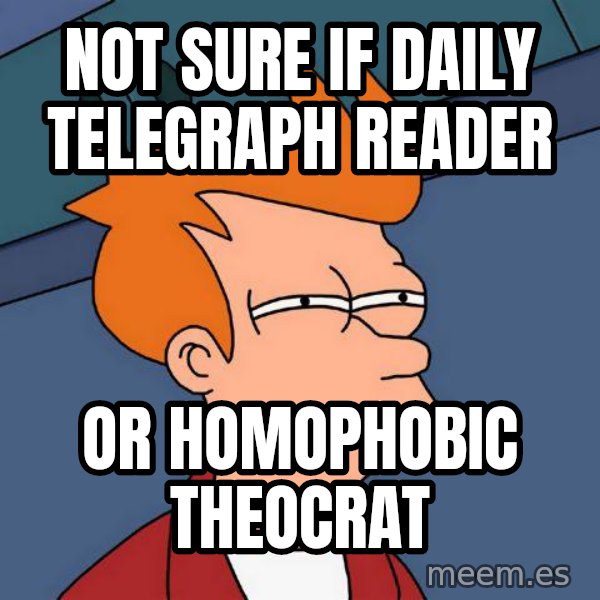 Futurama Fry meme: not sure if daily telegraph reader / or homophobic theocrat