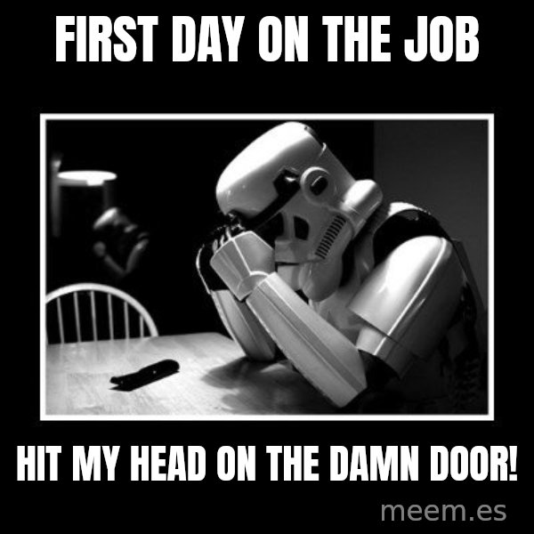 Sad Trooper meme: first day on the job / hit my head on the damn door!