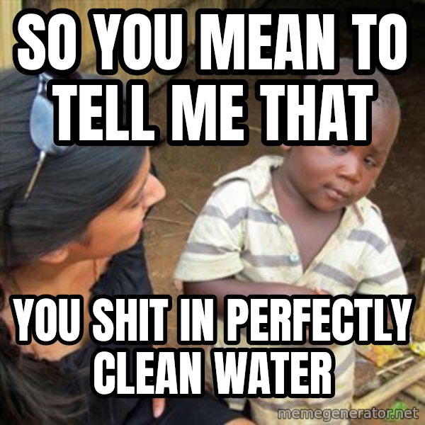 Skeptical 3rd World Kid meme: So you mean to tell me that / you shit in perfectly clean water