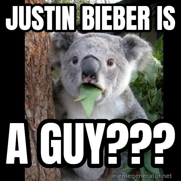 Koala can't believe it meme: Justin bieber is / A guy???