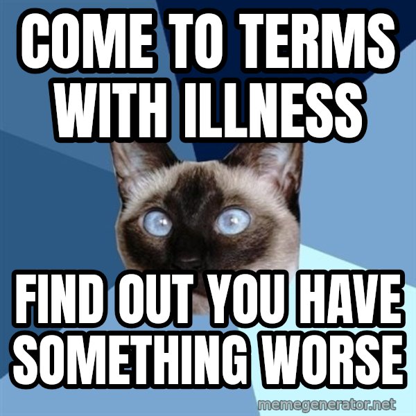Chronic Illness Cat meme: come to terms with illness / find out you have something worse