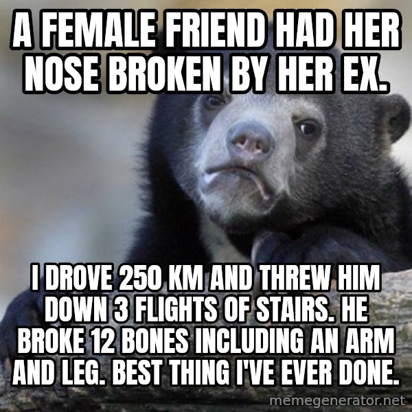 Confession Bear meme: A female friend had her nose broken by her ex. / I drove 250 Km and threw him down 3 flights of stairs.  he broke 12 bones including an arm and leg.  Best thing i've ever done.