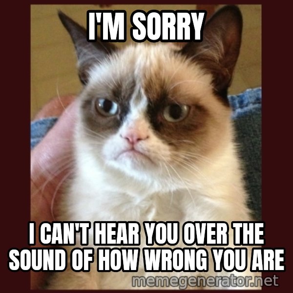 Grumpy Cat  meme: I'M SORRY / I CAN'T HEAR YOU OVER THE SOUND OF HOW WRONG YOU ARE