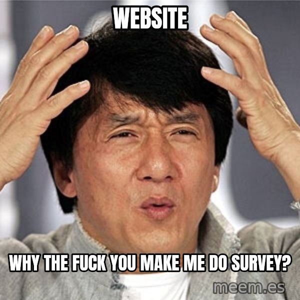 Jackie Chan meme: website / why the fuck you make me do survey?