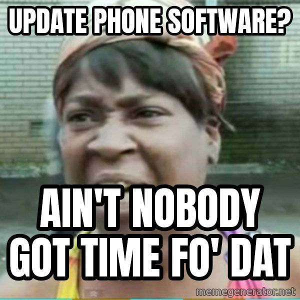 Sweet Brown Meme meme: update phone software? / ain't nobody got time fo' dat
