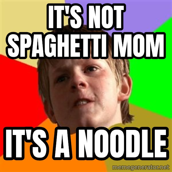 Angry School Boy meme: IT'S NOt SPAGHETTI MOM / IT'S A NOODLE