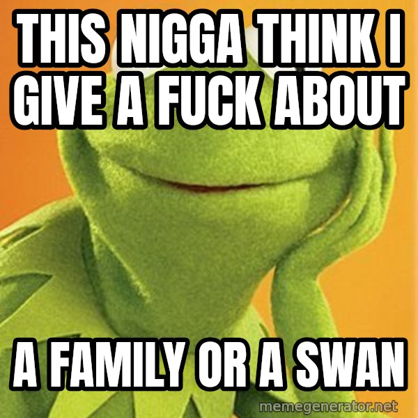 Kermit the frog meme: this nigga think i give a fuck about / a family or a swan