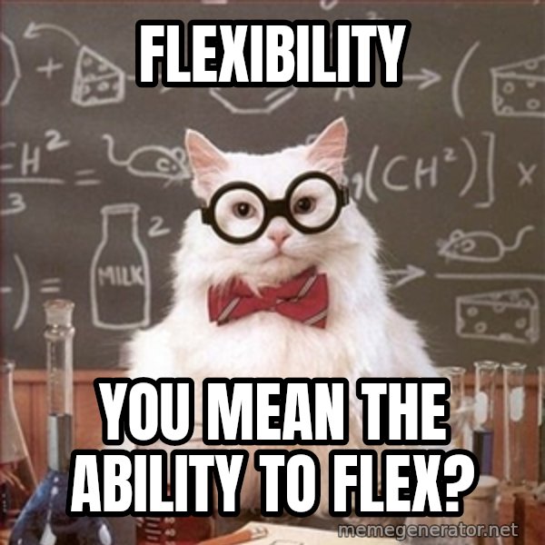 Science Cat meme: Flexibility / you mean the ability to flex?