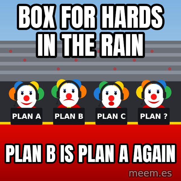 Ferrari Clown Pit Wall meme: Box for hards in the rain / Plan B is plan A again