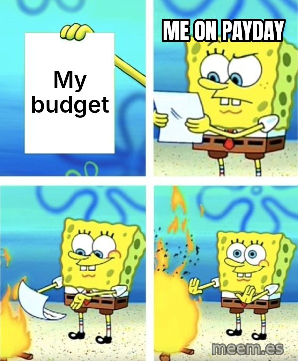 SpongeBob Burning Paper meme: My budget / Me on payday