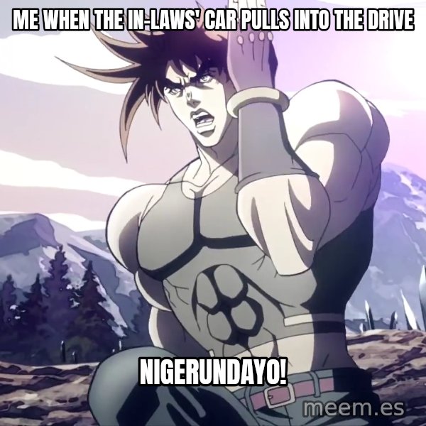 Nigerundayo! (Run Away) meme: Me when the in-laws' car pulls into the drive / NIGERUNDAYO!