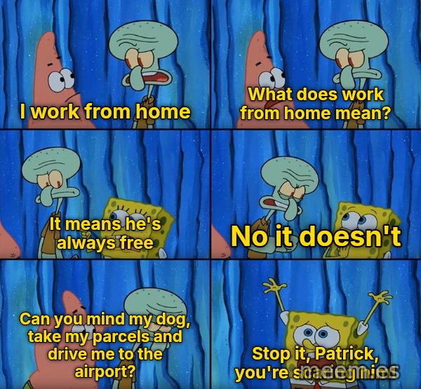 Stop It, Patrick, You're Scaring Him meme: I work from home / What does work from home mean? / It means he's always free / No it doesn't / Can you mind my dog, take my parcels and drive me to the airport? / Stop it, Patrick, you're scaring him!