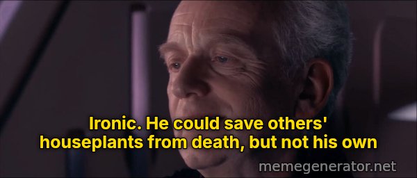 Ironic meme: Ironic. He could save others' houseplants from death, but not his own